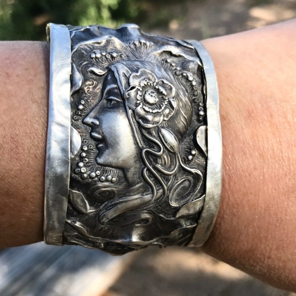 Rare Antique Unger Bros Dawn Art Nouveau Sterling Silver Cuff Bracelet